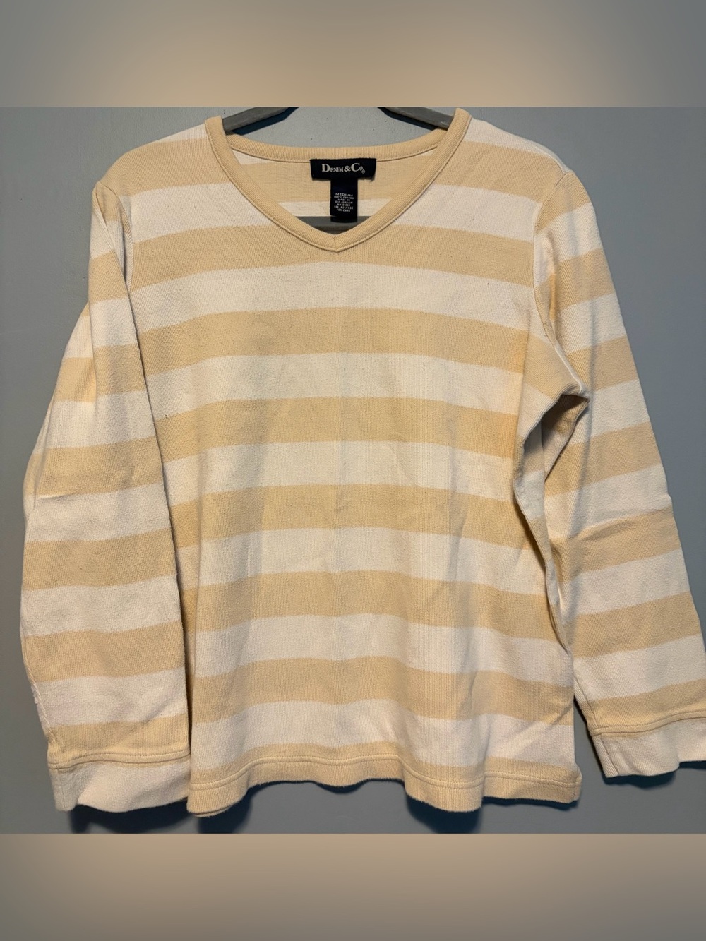 Denim&Co Navy Label on Cream and Pale Yellow Stripe Top